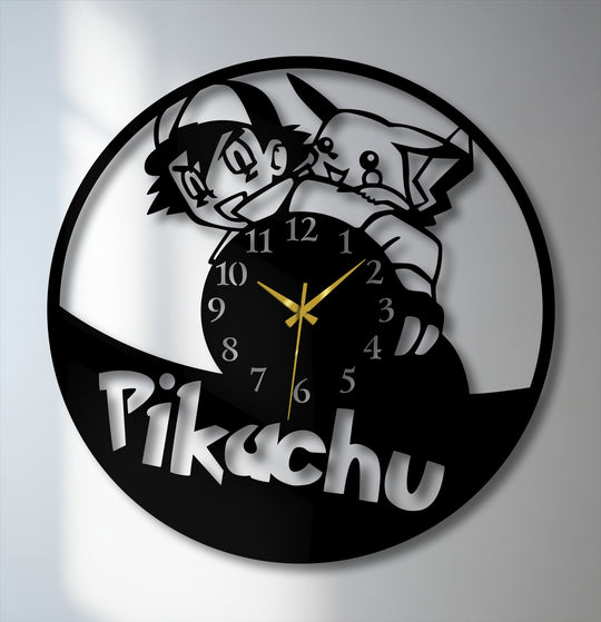 The matte black finish of this unique metal wall clock features an intricate silhouette of Ash and Pikachu, a charming piece of decoration wall art.