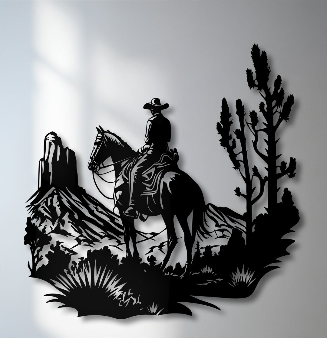 The precisely cut edges of this metal artwork intricately outline a Western cowboy on a horse amidst a desert landscape, offering a dynamic border.