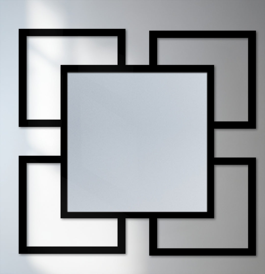 Visual rhythm achieved with a square wall mirror framed by four surrounding squares in a bold, repeating geometric pattern recalling metal art for wall decor.