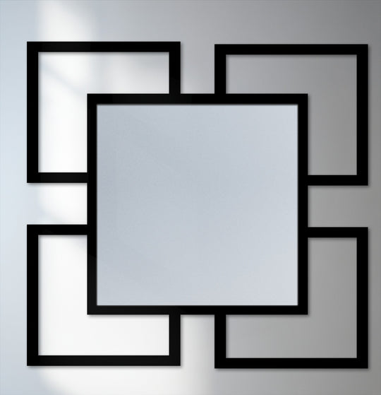 Visual rhythm achieved with a square wall mirror framed by four surrounding squares in a bold, repeating geometric pattern recalling metal art for wall decor.