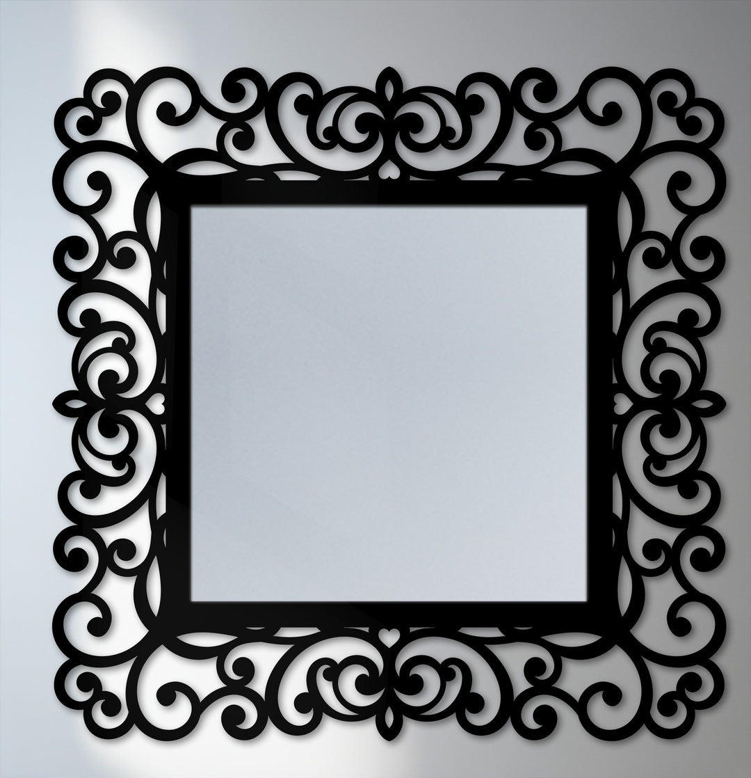 The central subject features an ornate metal floor mirror with a vintage baroque frame statement design adding a luxurious touch as decoration wall art.