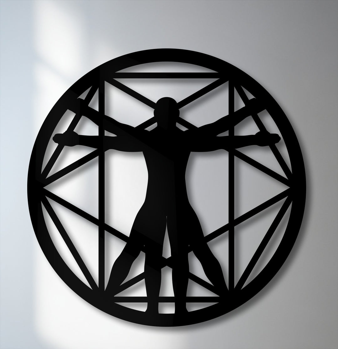 Exhibiting strong visual rhythm, this Vitruvian Man geometric circle metal art for wall decor casts dynamic shadows.