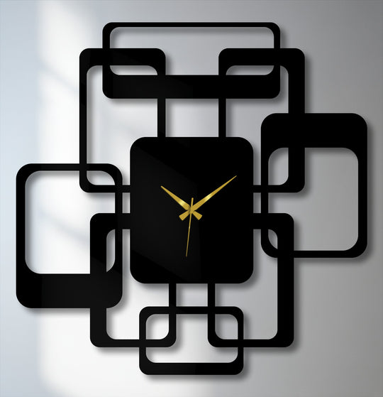 Foreground details highlight the modern interlocking squares in this metal decoration wall art clock, showing its bold geometric design and minimalist appeal.