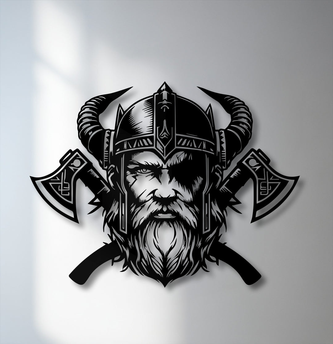 Featuring cool monochrome tones, this striking decoration wall art depicts a fierce Viking warrior with a horned helmet and axes.