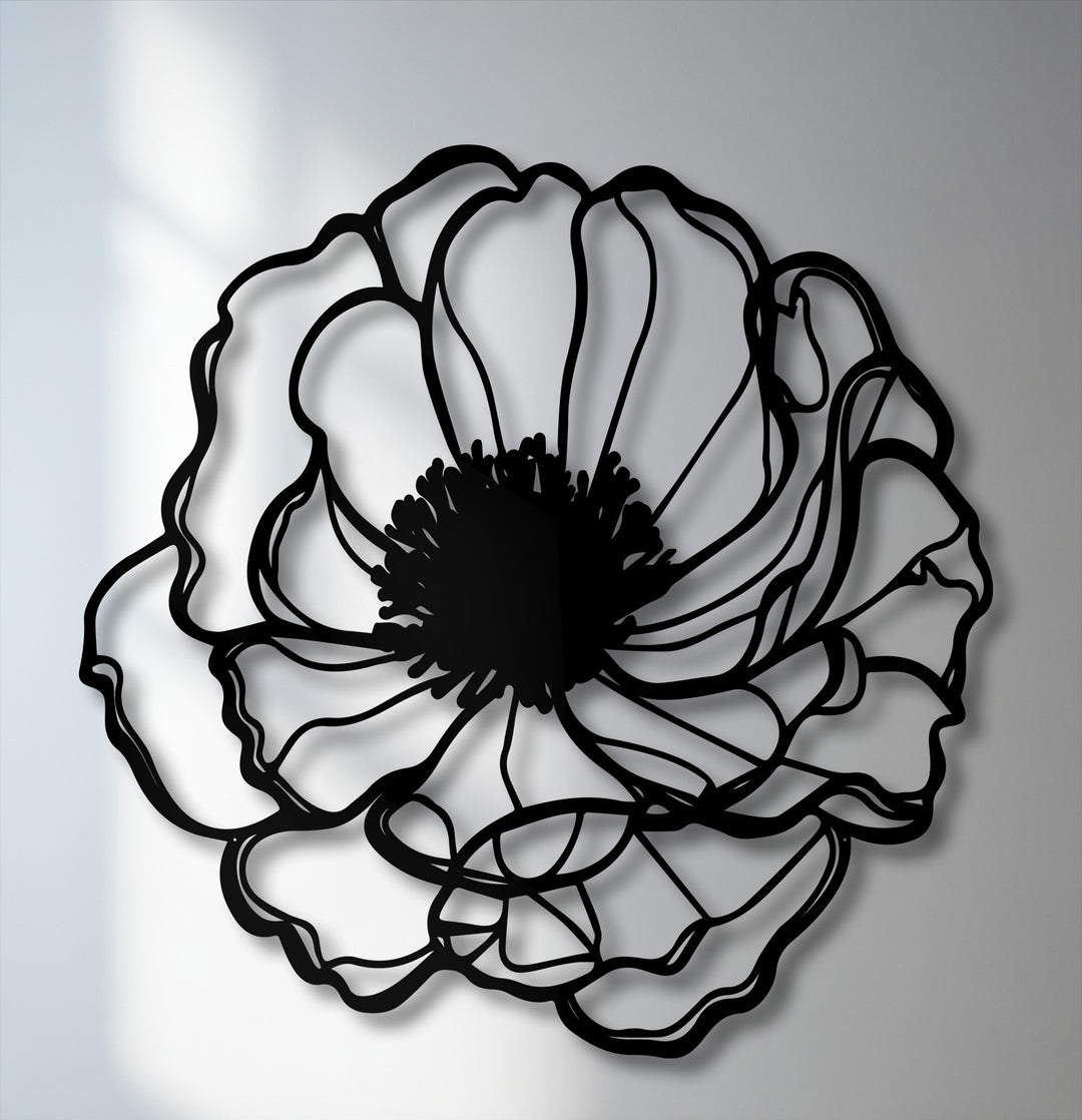 A centrally oriented, circular elegant bloom outline with intricate petals and a detailed central stamen, perfect metal art for wall.