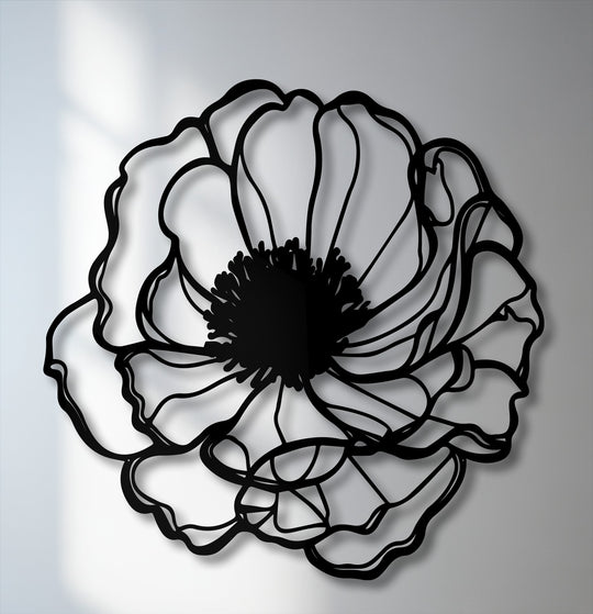 A centrally oriented, circular elegant bloom outline with intricate petals and a detailed central stamen, perfect metal art for wall.