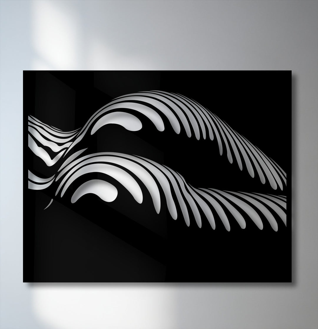 Negative space in this metal artwork dramatically outlines abstract, flowing striped waves, creating a bold, modern design.