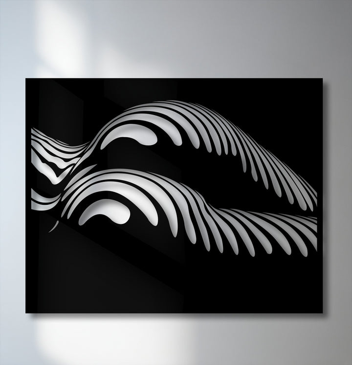 Negative space in this metal artwork dramatically outlines abstract, flowing striped waves, creating a bold, modern design.