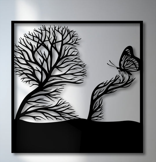The graceful lines of the tree and the poised butterfly evoke a serene dance in this nature-inspired metal art for wall.