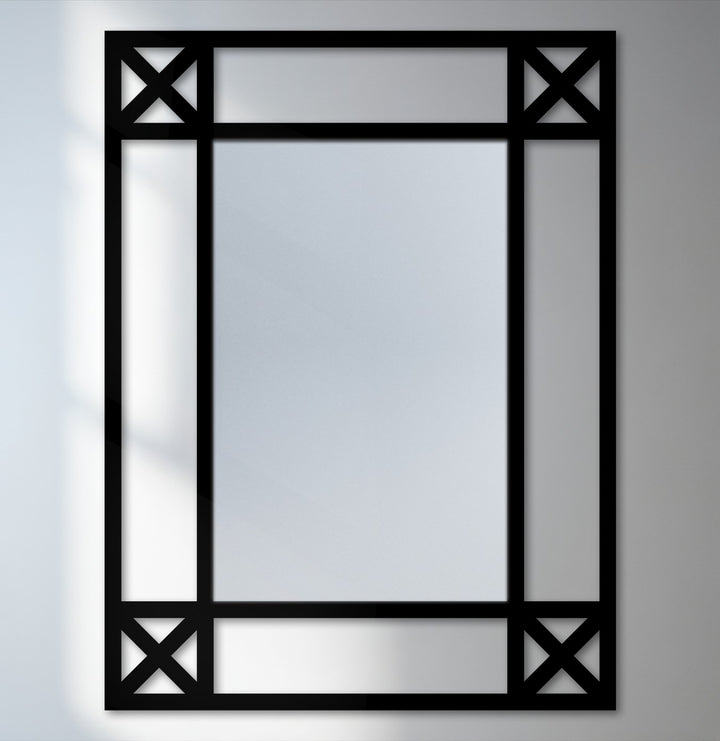 The darkest area of this minimal, black metal floor mirror highlights its unique metal wall art frame and cross detail corners.