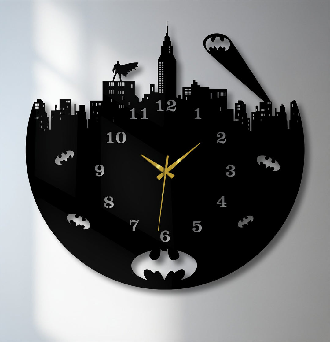 The darkest area of this decorative metal art wall clock features a striking black urban night skyline with Batman and Bat-signal motifs.
