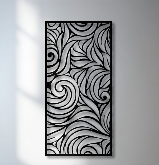 The striking monochromatic transition between colors forms the backdrop for this intricate abstract swirl panel decor metal art for wall.