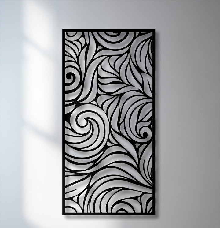 The striking monochromatic transition between colors forms the backdrop for this intricate abstract swirl panel decor metal art for wall.
