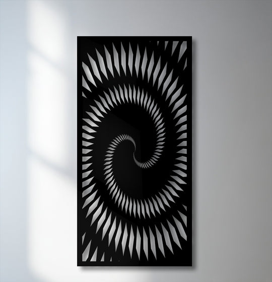 The brightest areas are the sharp, contrasting white segments of the unique metal wall art, creating a hypnotic optical illusion spiral.