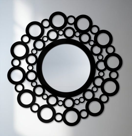 Cool color temperatures highlight the stark contrast in this bubble circle frame modern artistic design metal decoration wall art mirror.