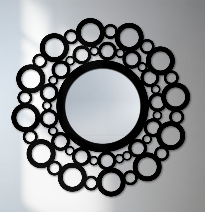 Cool color temperatures highlight the stark contrast in this bubble circle frame modern artistic design metal decoration wall art mirror.