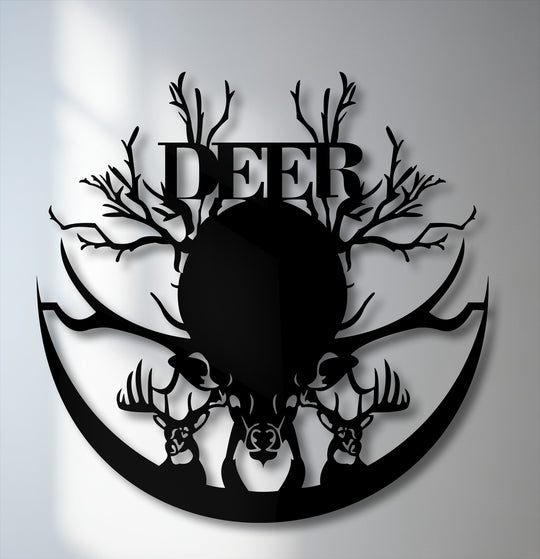 The bold black silhouette of a majestic deer head, intertwining antlers, and tree branches makes for striking decorative metal art.