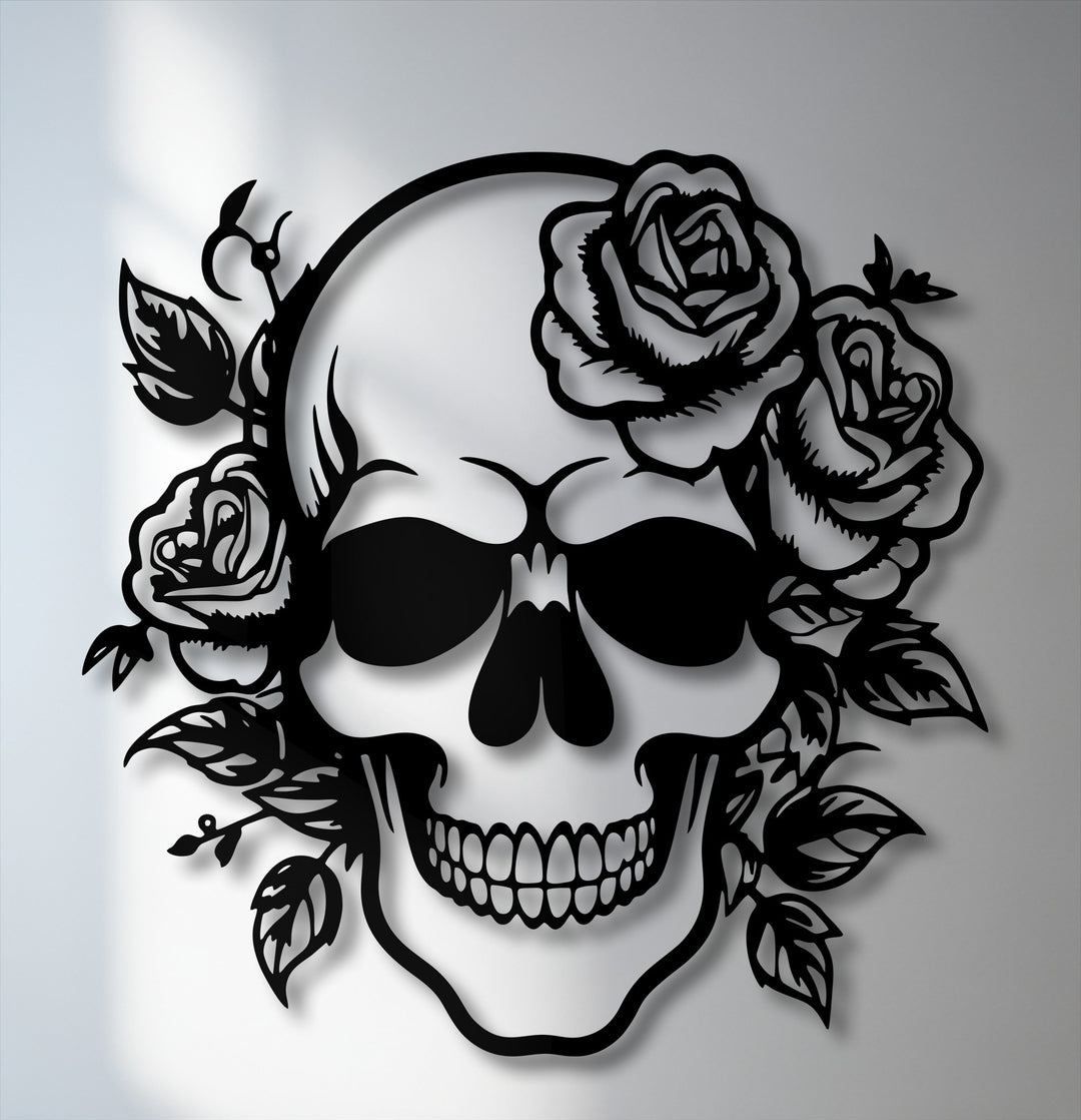 This vertically oriented, intricately shaped metal wall decor features a gothic floral skull silhouette with detailed roses.