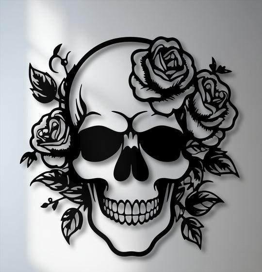 This vertically oriented, intricately shaped metal wall decor features a gothic floral skull silhouette with detailed roses.
