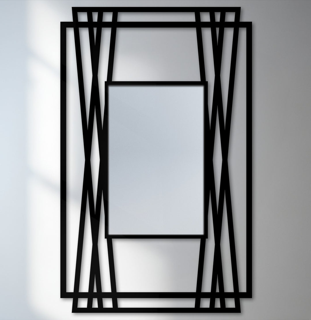 Foreground black metalwork highlights the striking geometric details in this vertical line geometry frame floor modern mirror.