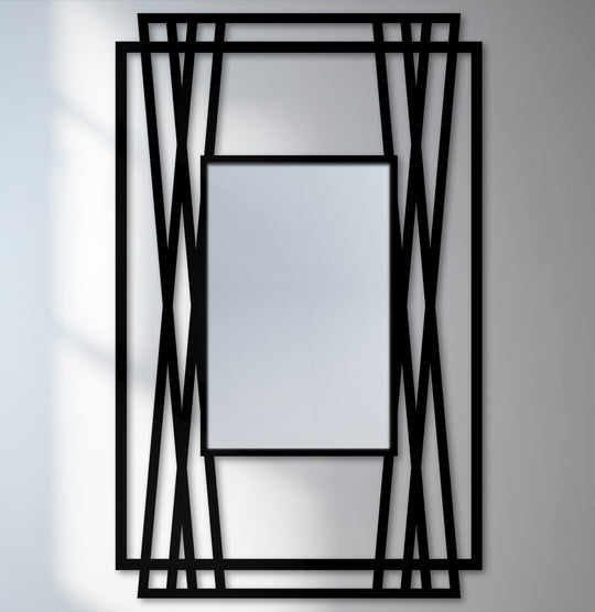 Foreground black metalwork highlights the striking geometric details in this vertical line geometry frame floor modern mirror.