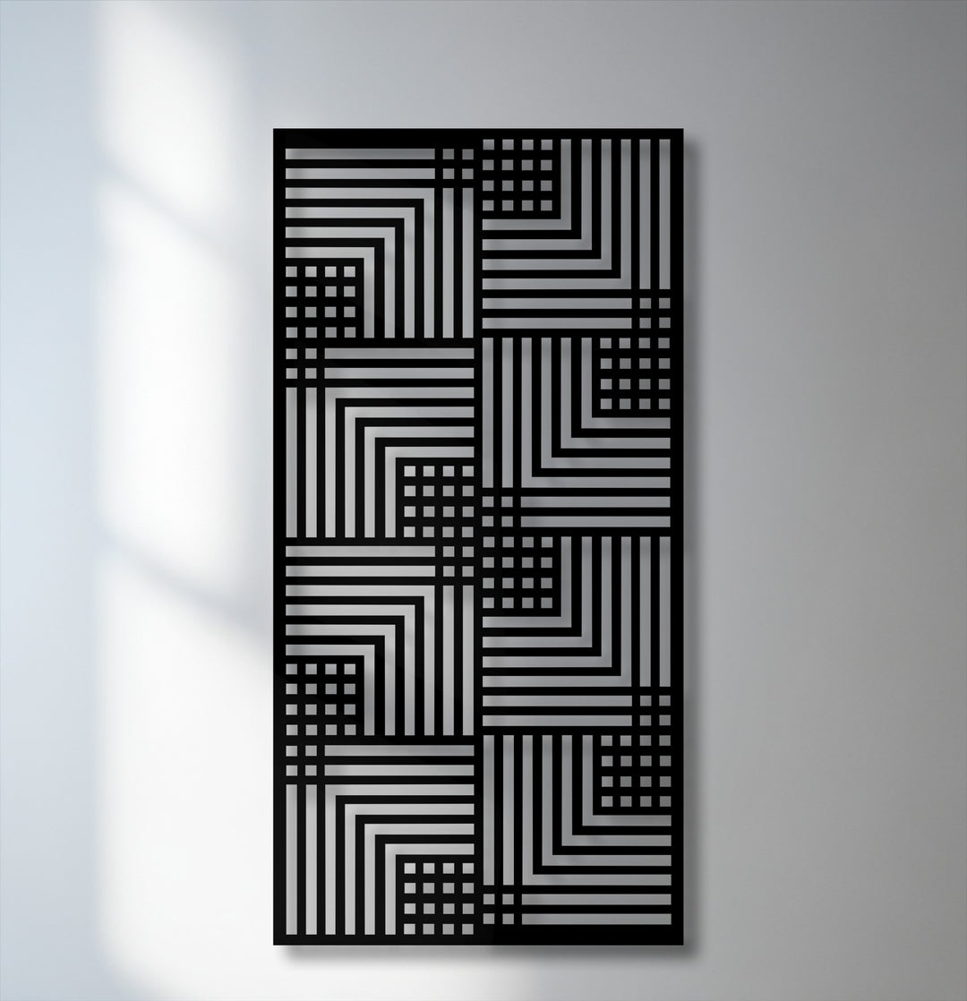 The realistic detail of this geometric rhythm decorative metal art reveals intricate linear patterns and subtle gridwork.