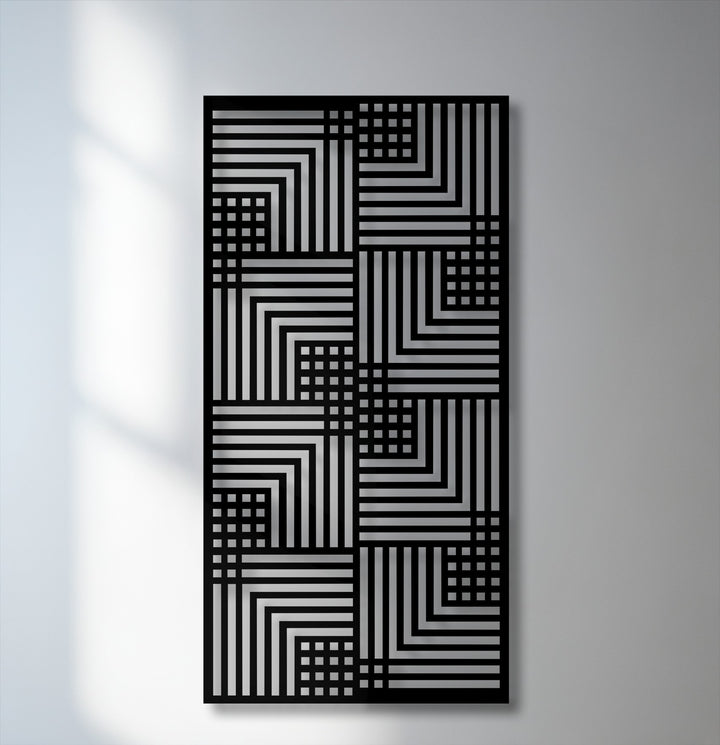 The realistic detail of this geometric rhythm decorative metal art reveals intricate linear patterns and subtle gridwork.