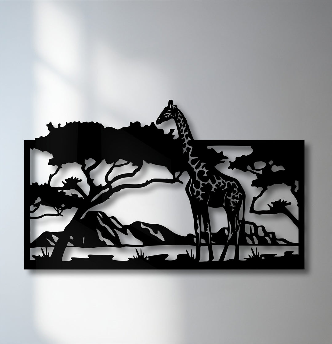 Negative space on a light wall beautifully frames the intricate black metal art for wall, showcasing a detailed giraffe and savannah silhouette.