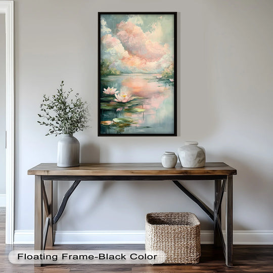 Featuring a black floating frame, this oil painting wall art enhances the 'Pastel Water Lilies in Tranquil Lake' oil painting with its modern borders.