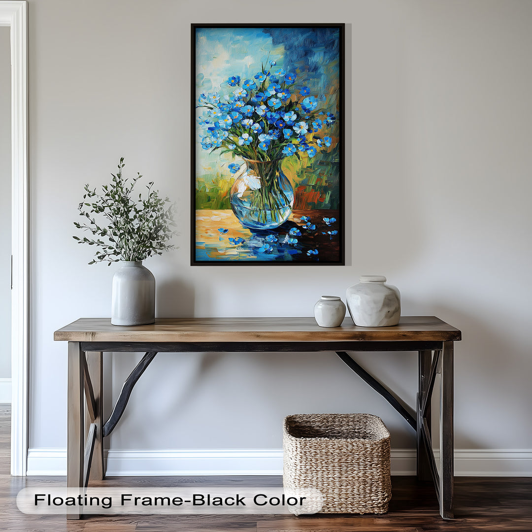 A bold and colorful impressionist-style depiction of blue flowers in a glass vase, with scattered petals creating a natural touch.