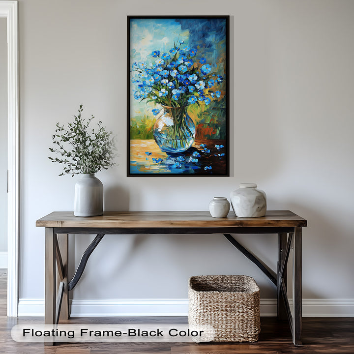 A bold and colorful impressionist-style depiction of blue flowers in a glass vase, with scattered petals creating a natural touch.