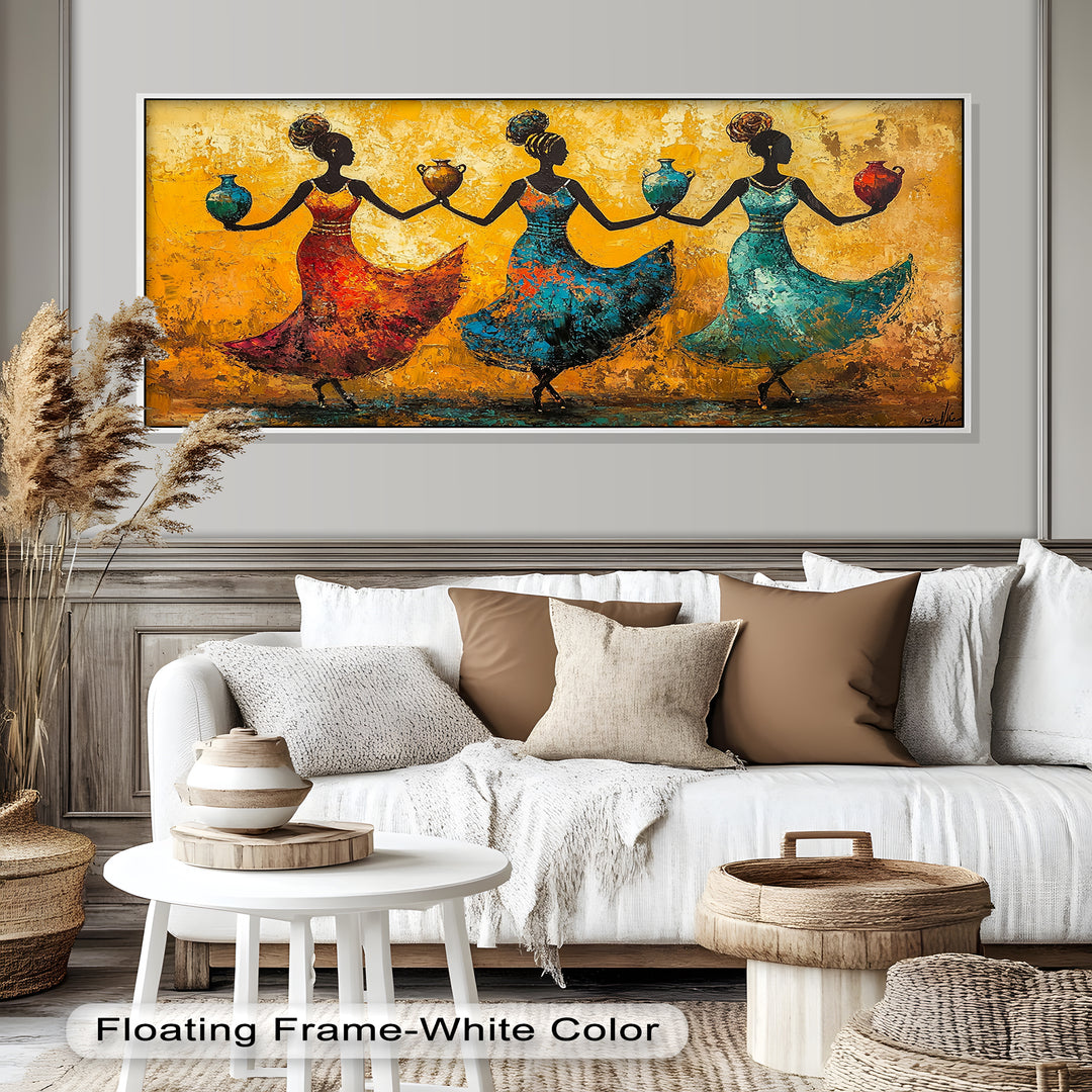 The textured surface and striking color palette bring this piece to life, highlighting themes of unity, femininity, and tradition.