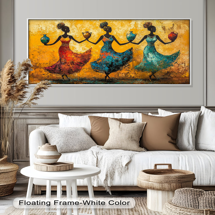 The textured surface and striking color palette bring this piece to life, highlighting themes of unity, femininity, and tradition.