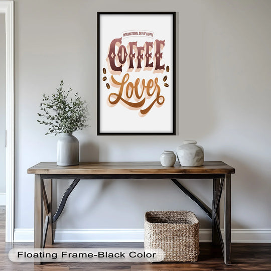 Negative space highlights the 'Coffee Lover' oil painting home decor, creating a minimalist contrast against the frame and wall.