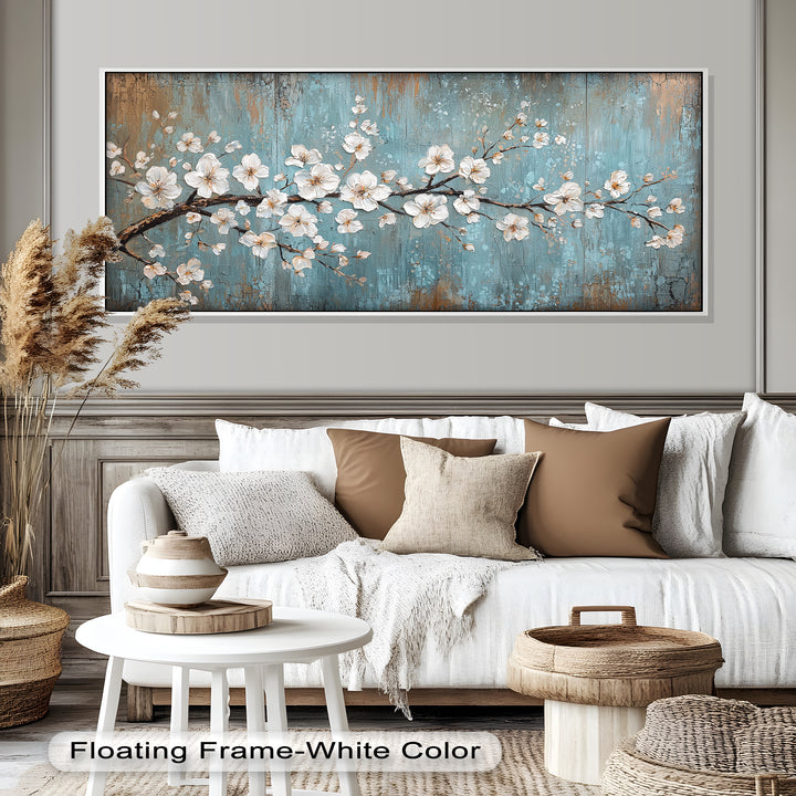 White Blossoms on Blue Textured Branch - Flower Oil Painting
