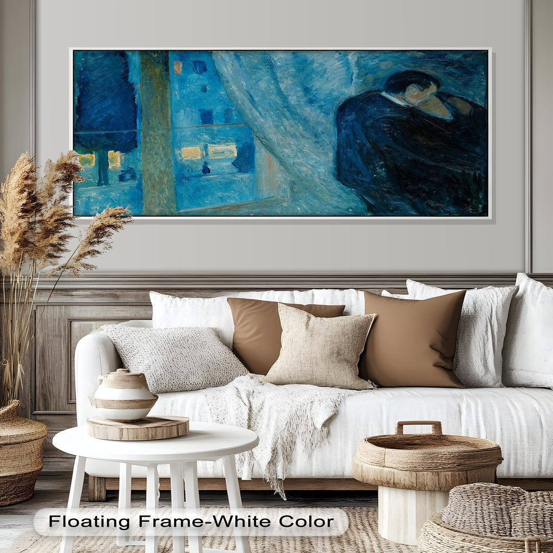 A romantic expressionist composition with a couple’s silhouette framed by an open window overlooking the glowing city.