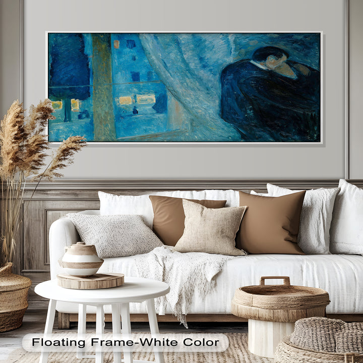 A romantic expressionist composition with a couple’s silhouette framed by an open window overlooking the glowing city.