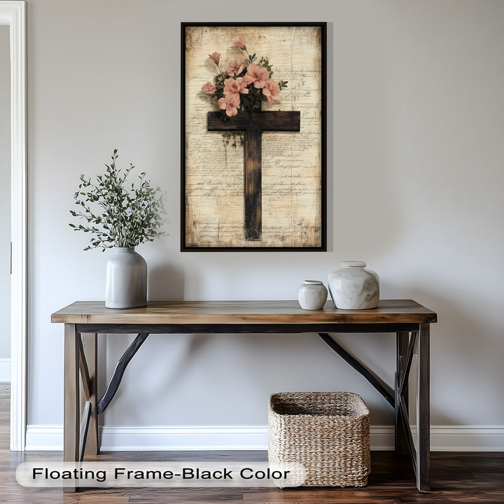 Holzkreuz mit rosa Blüten - Christliches Ölgemälde