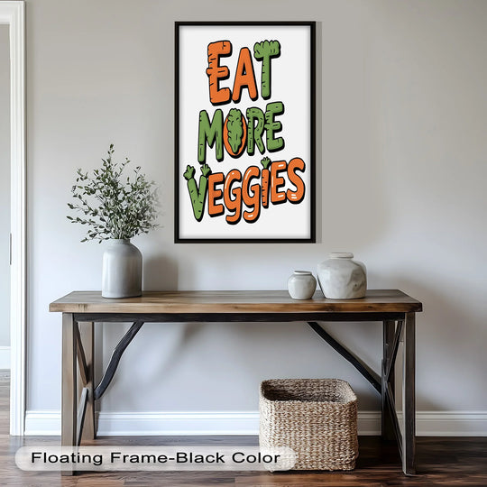 Highlighting the abstract quality, the 'Eat More Veggies' oil painting art piece transforms familiar phrases into a colorful, vibrant, and textured oil painting.