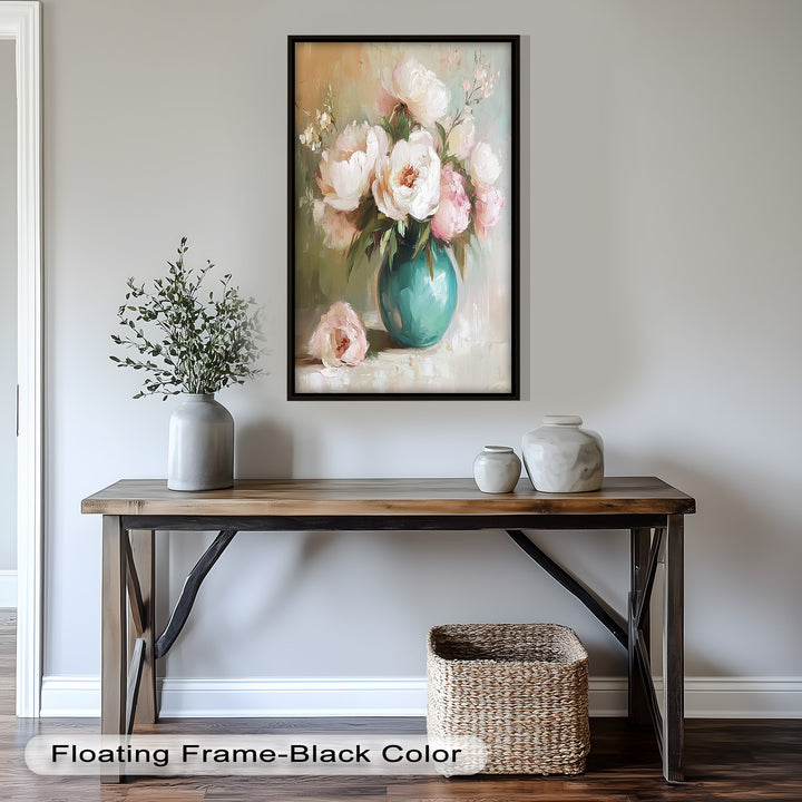 Blushing Peonies in Jade Vase – Romantic Flower Oil Painting