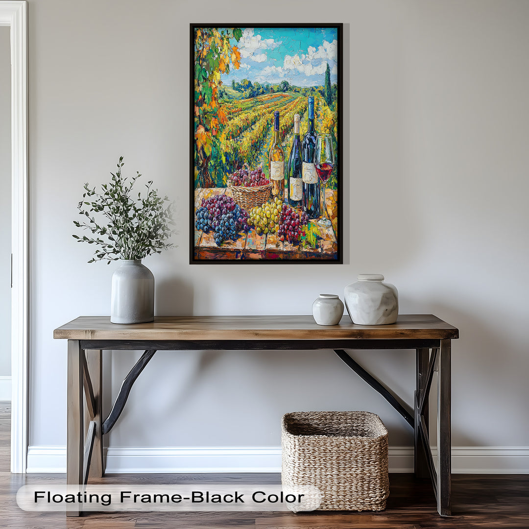 Wine Bottles and Grapes in Sunlit Fields - Still Life Oil Painting