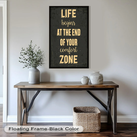 Distressed surface texture enhances the motivational oil painting wall art featuring the quote 'Life Begins at the End,' adding a rustic, visually tactile feel.