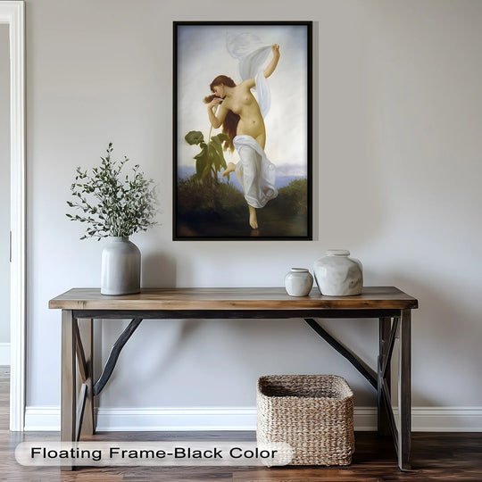 Foreground detail shows the textured surface of the wooden console table beneath the framed 'Whispers of the Wind' oil painting home decor, displaying a nude goddess.