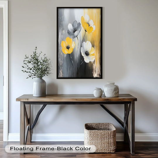 The focal point of this captivating floral oil painting artwork presents a blend of yellow and white, offering a serene contrast against the gray backdrop.