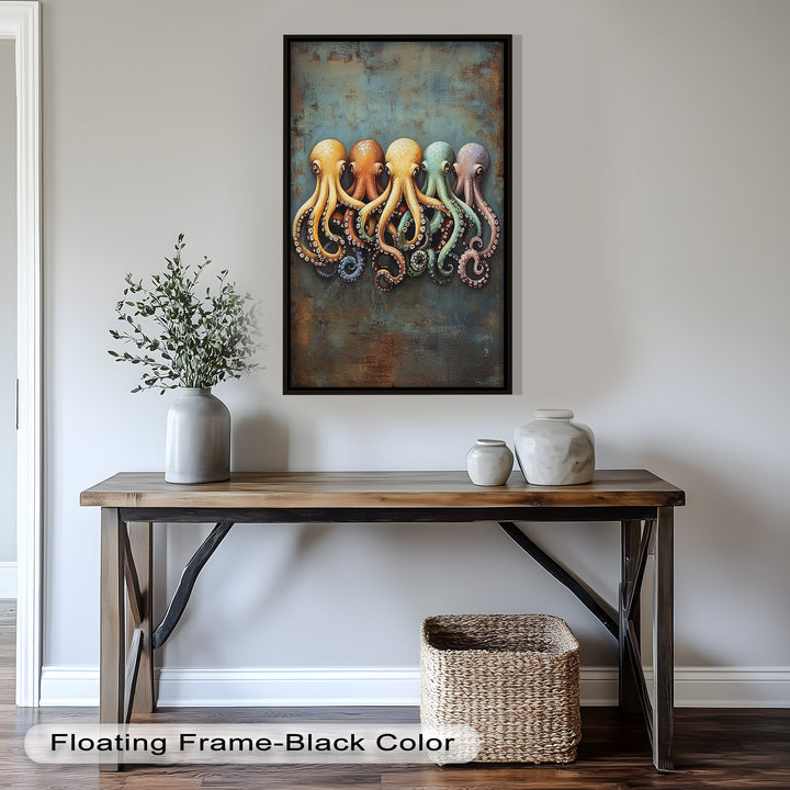 Whimsical Row of Octopuses – Colorful Sea Life Animal Oil Painting