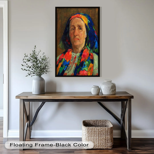 The focal point of this expressive oil painting artwork is an elderly woman wearing a vibrant traditional dress, creating a soulful and captivating portrait.
