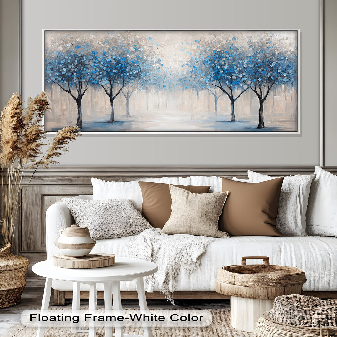 A peaceful abstract landscape of stylized trees with blue and white foliage, fading into a soft, misty background.