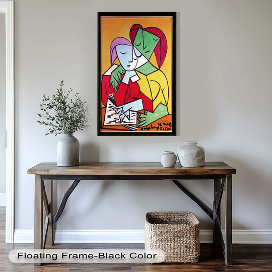 Set against a neutral gray wall, a framed Picasso oil painting wall art piece, titled 'Harmony in Study,' creates a focal point above a rustic console table.