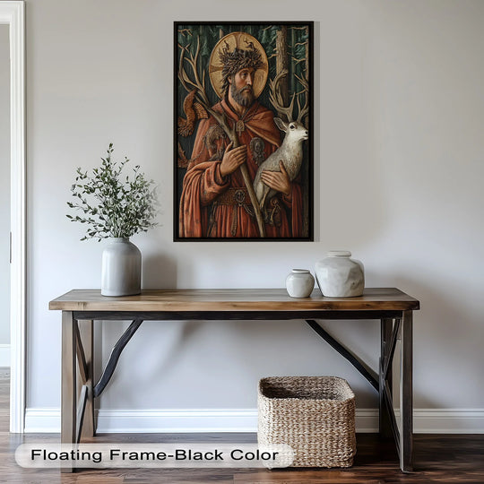 A detailed depiction of a saintly figure in a forest setting, wearing a crown of thorns and holding a staff and a white stag.