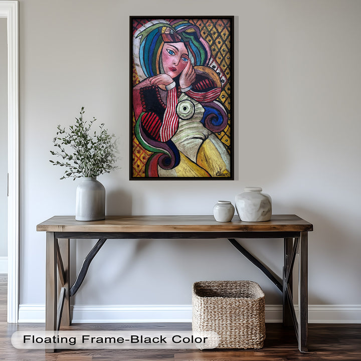 Melancholy in Stripes – Colorful Cubist Woman Portrait Picasso Oil Painting